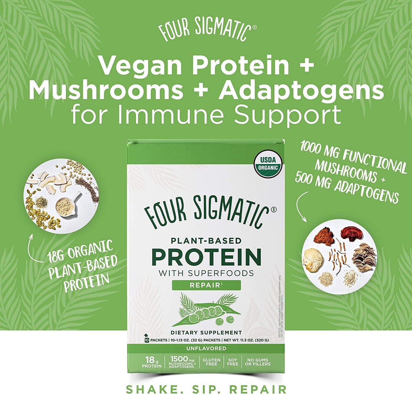 Superfood Protein Organic Plant-Based Protein with Chaga Mushroom & Ashwagandha | Supports Immune Function & Muscle Repair | Portable | Unflavored | 10 Count