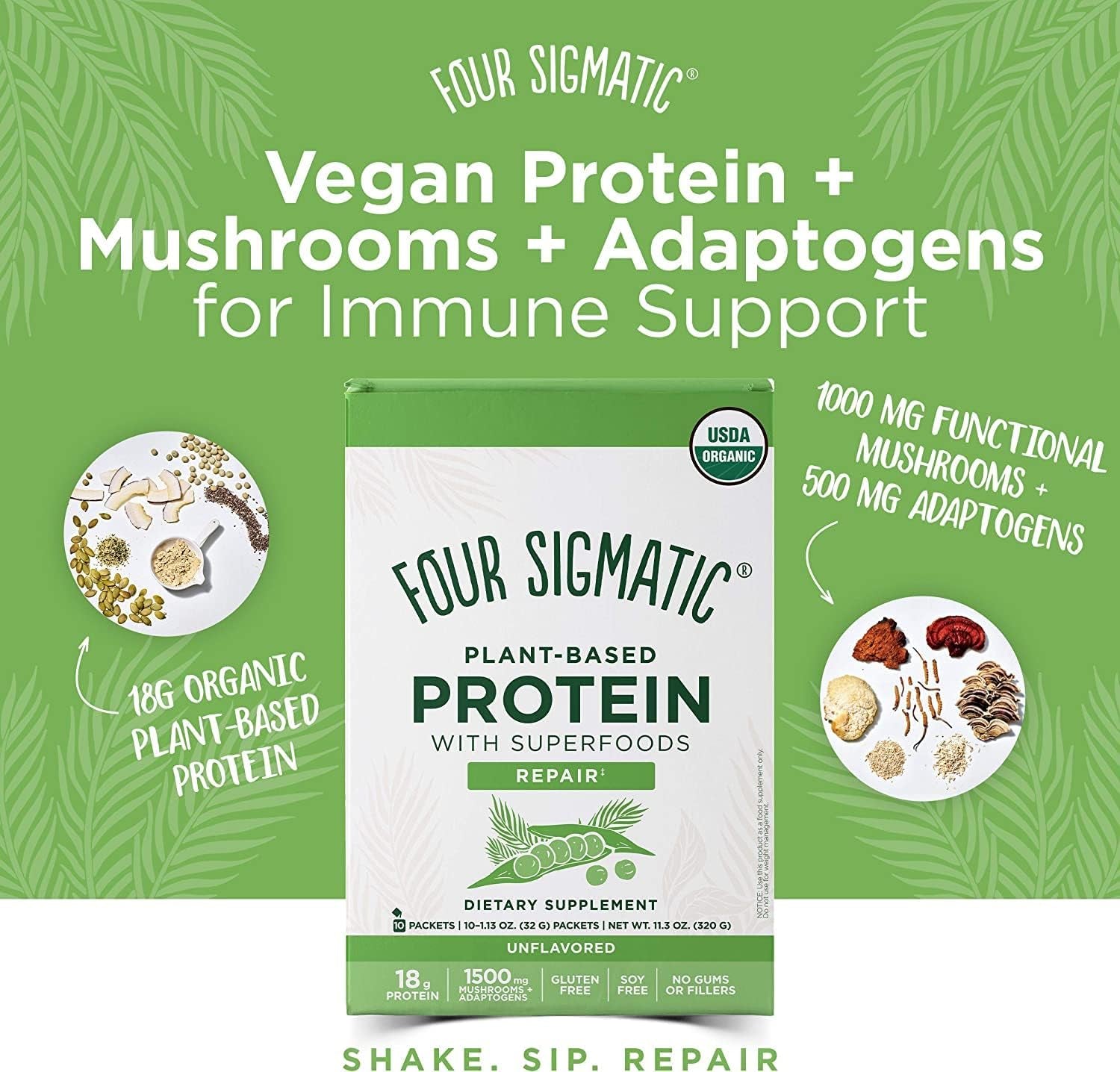 Superfood Protein Organic Plant-Based Protein with Chaga Mushroom & Ashwagandha | Supports Immune Function & Muscle Repair | Portable | Unflavored | 10 Count