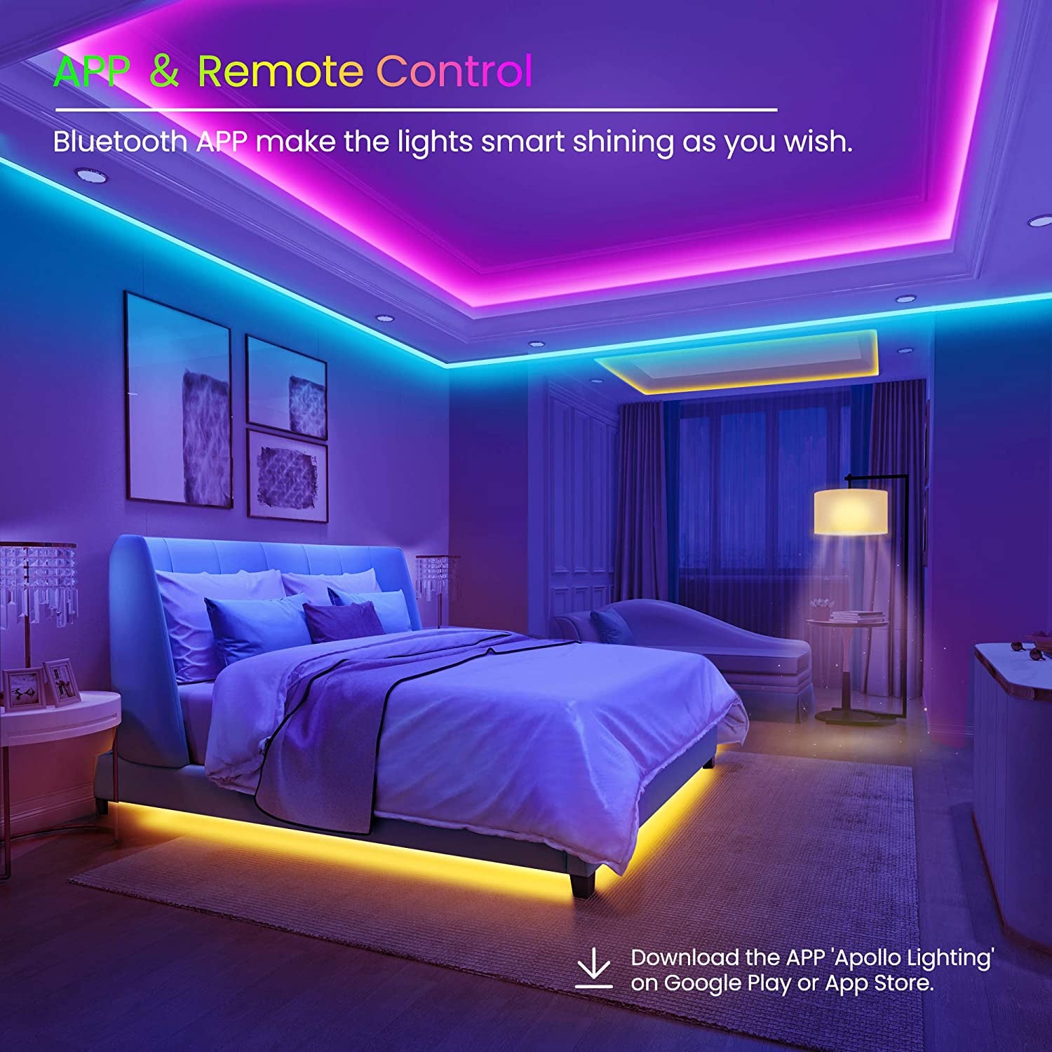 50 FT Bluetooth LED Strip Lights for Bedroom with Color Changing Features, Music Sync, Mobile App Control, and IR Remote with Microphone Functionality