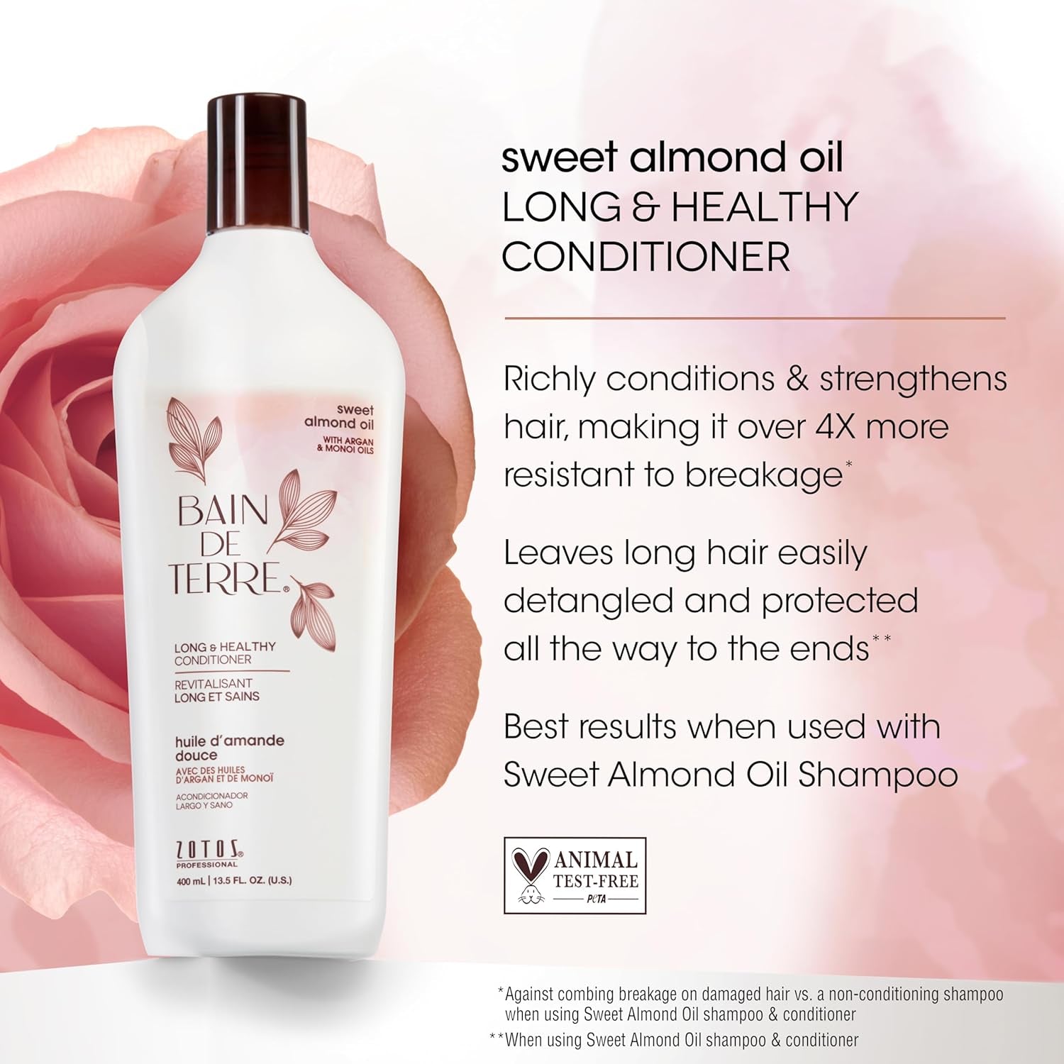 Bain De Terre Sweet Almond Oil Long & Healthy Conditioner, Strength & Protection for Weak, Damaged Hair, with Argan & Monoi Oils, Paraben-Free, Color-Safe, Vegan