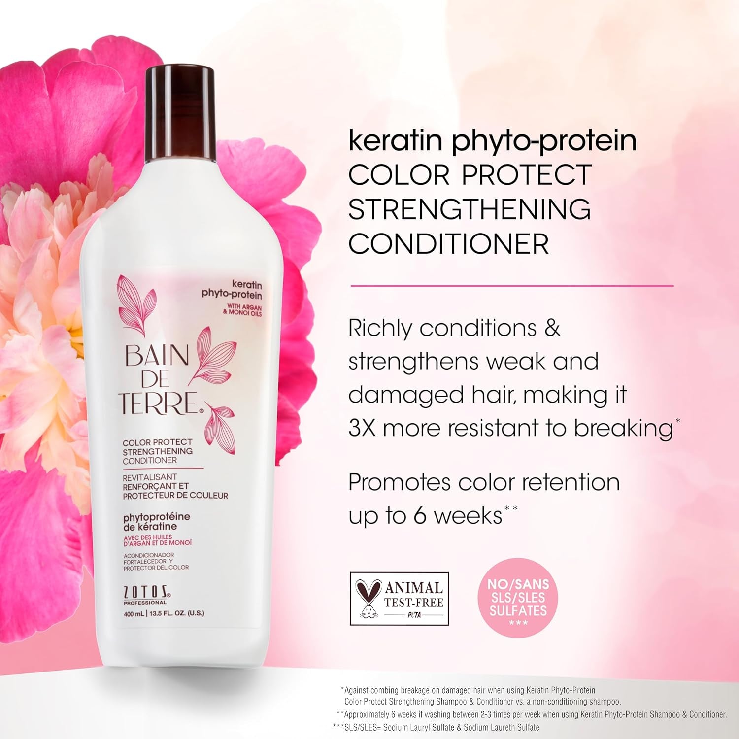 Bain De Terre Keratin Phyto-Protein Color Protect Strengthening Conditioner, Color-Safe Strengthening for Weak & Damaged Hair, Sulfate-Free, Paraben-Free