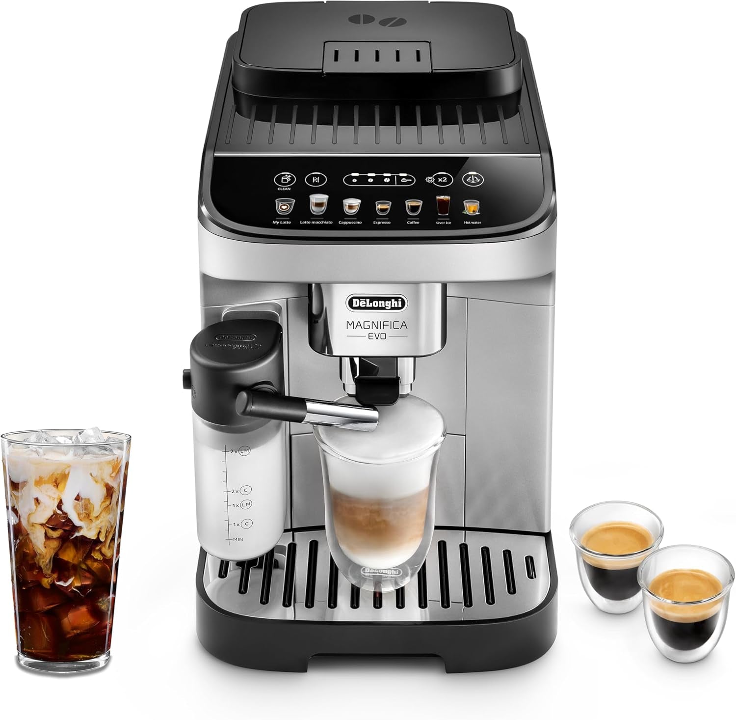 Magnifica Evo Automatic Espresso & Coffee Machine with Automatic Milk Frother for Latte, Cappuccino, Iced Coffee, Built-In Grinder, ECAM29084SB