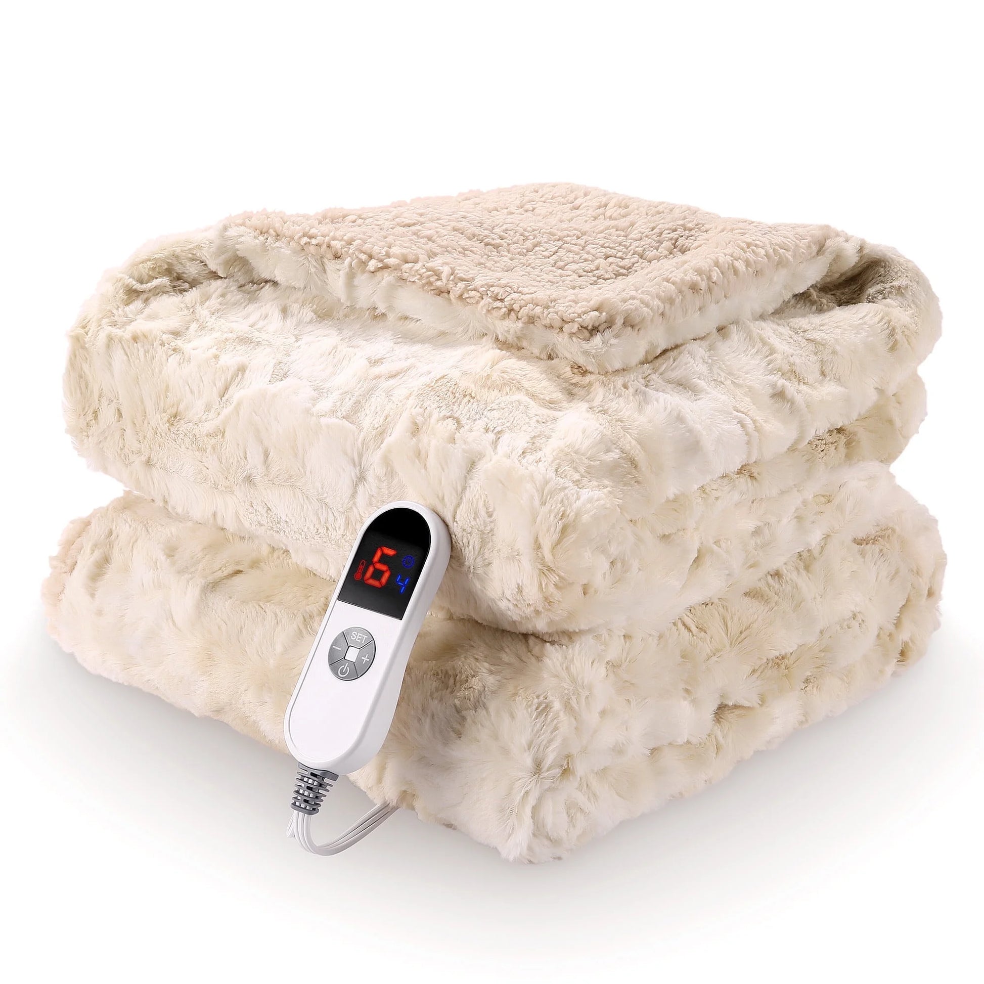 Electric Throw Blanket 50" x 60", Plush Faux Fur Heated Blanket with Large LED Display, 6 Heat Settings, 4-Hour Timer, Machine Washable - Tie-Dye Off White