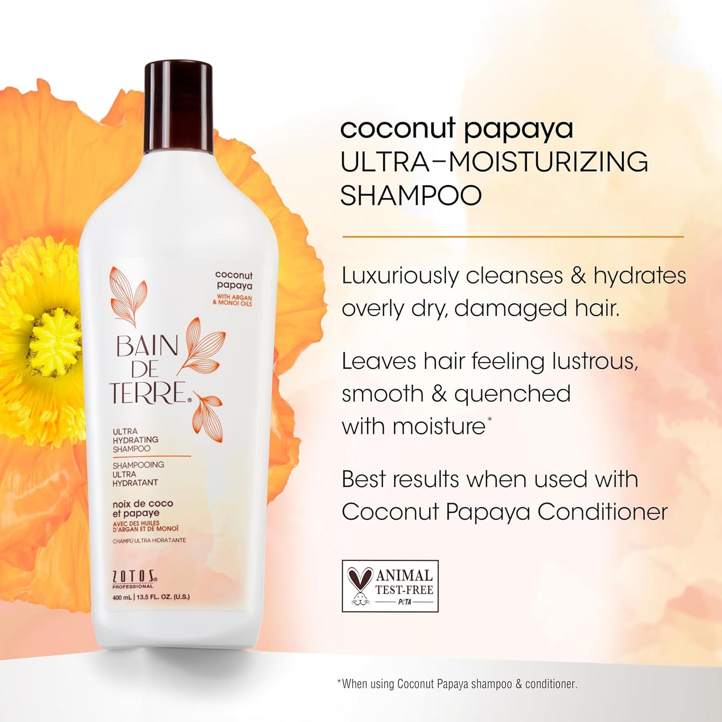 Bain De Terre Coconut Papaya Ultra Hydrating Shampoo, Moisture Quench for Dry, Damaged Hair, with Argan & Monoi Oils, Paraben-Free, Color-Safe, Vegan