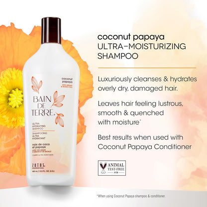 Bain De Terre Coconut Papaya Ultra Hydrating Shampoo, Moisture Quench for Dry, Damaged Hair, with Argan & Monoi Oils, Paraben-Free, Color-Safe, Vegan