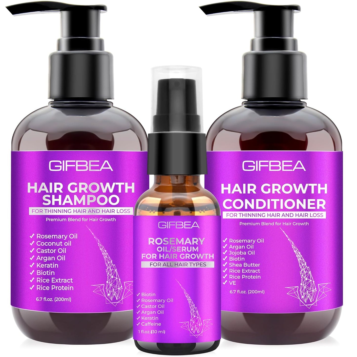 Hair Growth Shampoo and Conditioner Set with Rosemary, Biotin, Argan, and Castor Oils for Thinning, Damaged, Curly Hair