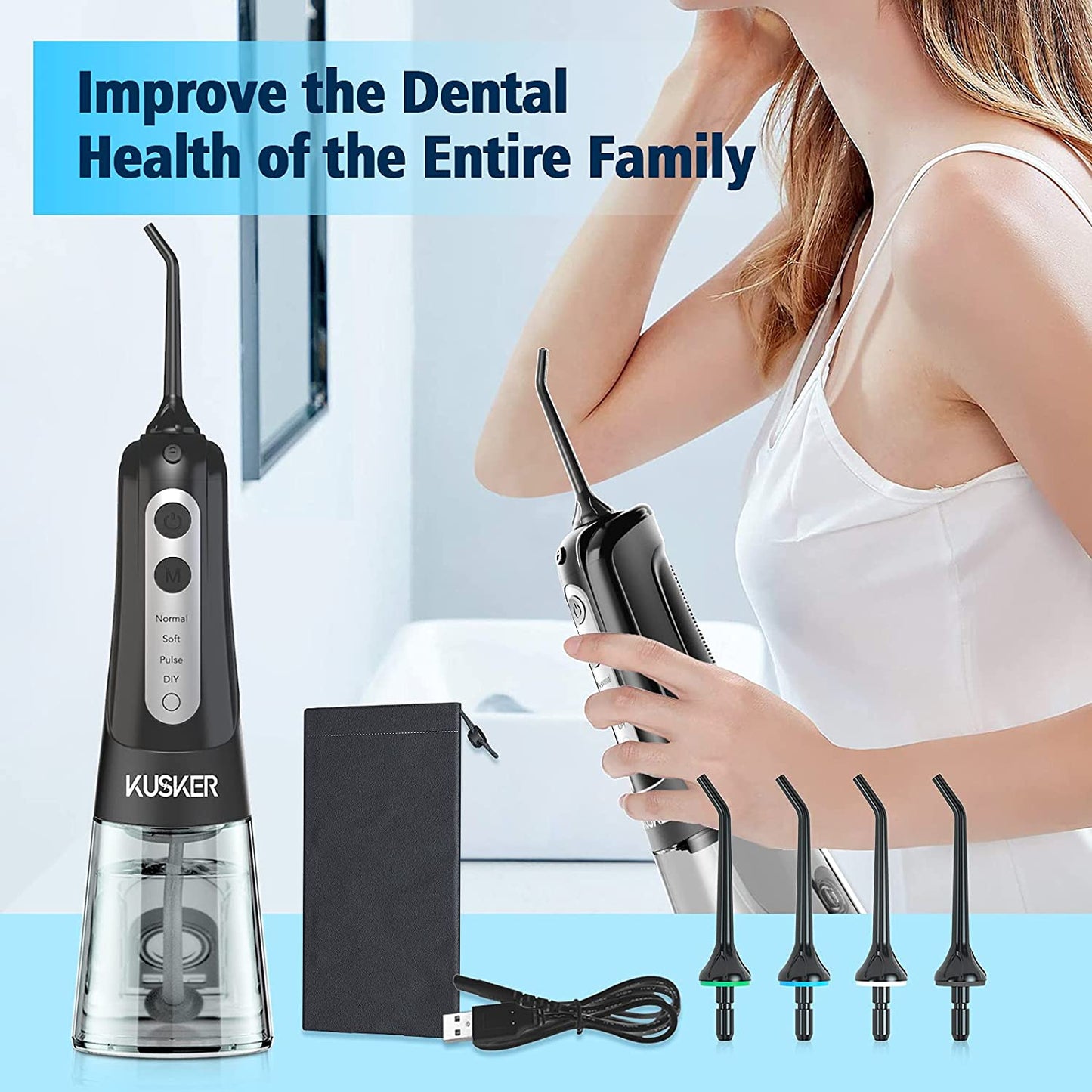 Water Dental Flosser Cordless,  Portable Oral Irrigator for Teeth, 4 Modes and 4 Jet Tips, IPX7 Waterproof, Rechargeable for 30-Days Use, Home, Travel, Braces, Bridges Care(Black)