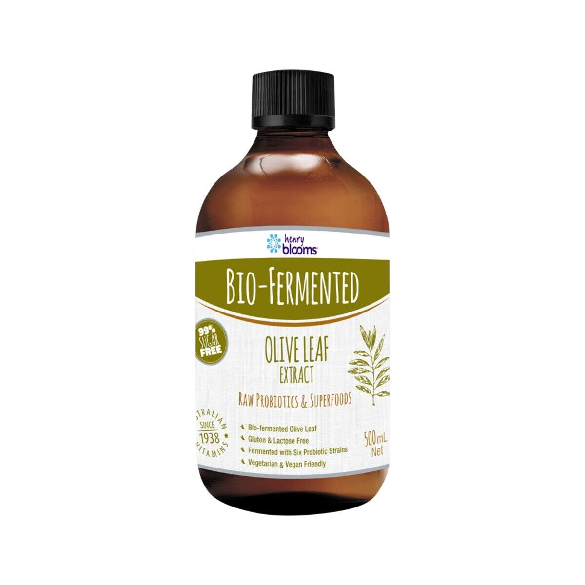 Henry Blooms Bio-Fermented Olive Leaf Extract 500Ml Raw Probiotics & Superfoods