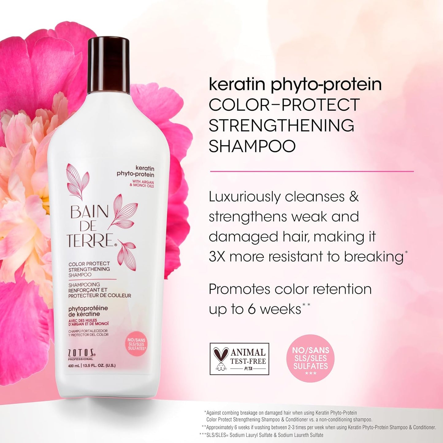 Bain De Terre Keratin Phyto-Protein Color Protect Strengthening Shampoo, Color-Safe Strengthening for Weak & Damaged Hair, Sulfate-Free, Paraben-Free