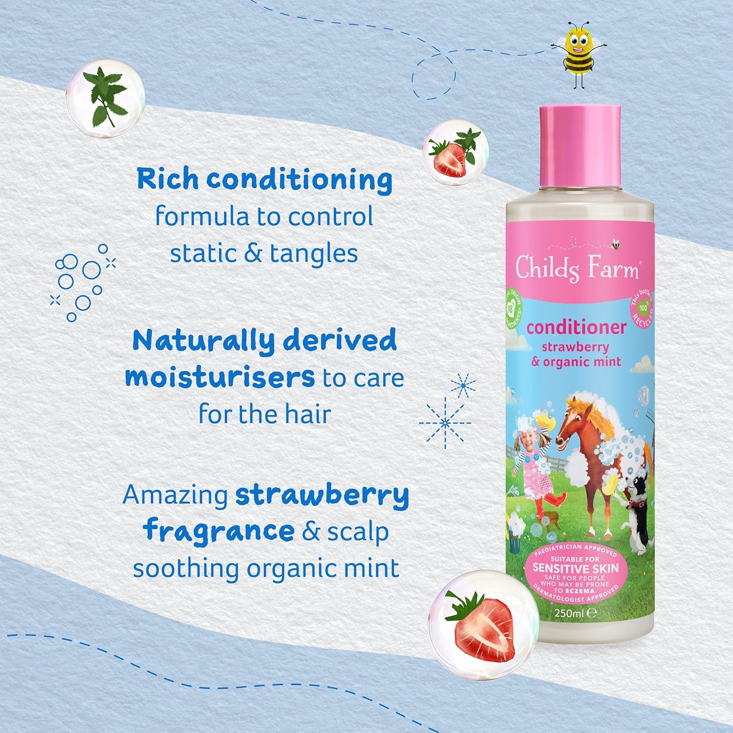 , Kids Hair Conditioner for Dry, Sensitive Skin & Scalp, Strawberry & Organic Mint, Conditions & Nourishes, Vegan, Cruelty-Free, 16.9 Fl Oz