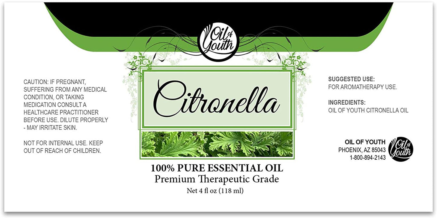 Citronella Essential Oil - Therapeutic Grade Citronella Essential Oil 4 Fl Oz for Aromatherapy Oil, Essential Oil Diffuser, Essential Oil Candle Making - Clean Burning Citronella Oil