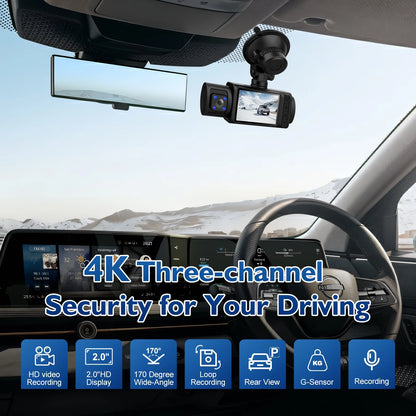 Dash Cam, 3 Channel Dash Cam, 4K+1080P Dash Cam Front and Inside, Triple Dash Cam for Car, Dash Camera with 32GB Card, 2160P Full UHD, G-Sensor,