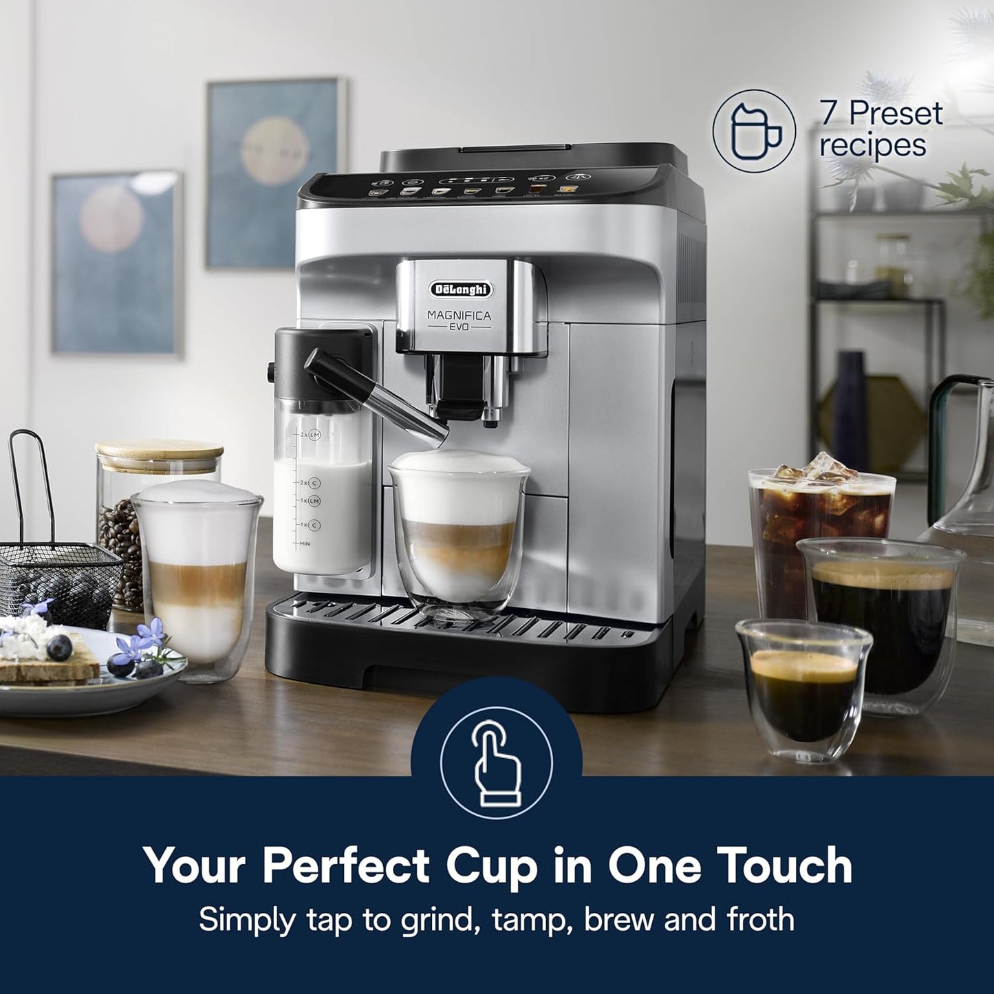 Magnifica Evo Automatic Espresso & Coffee Machine with Automatic Milk Frother for Latte, Cappuccino, Iced Coffee, Built-In Grinder, ECAM29084SB