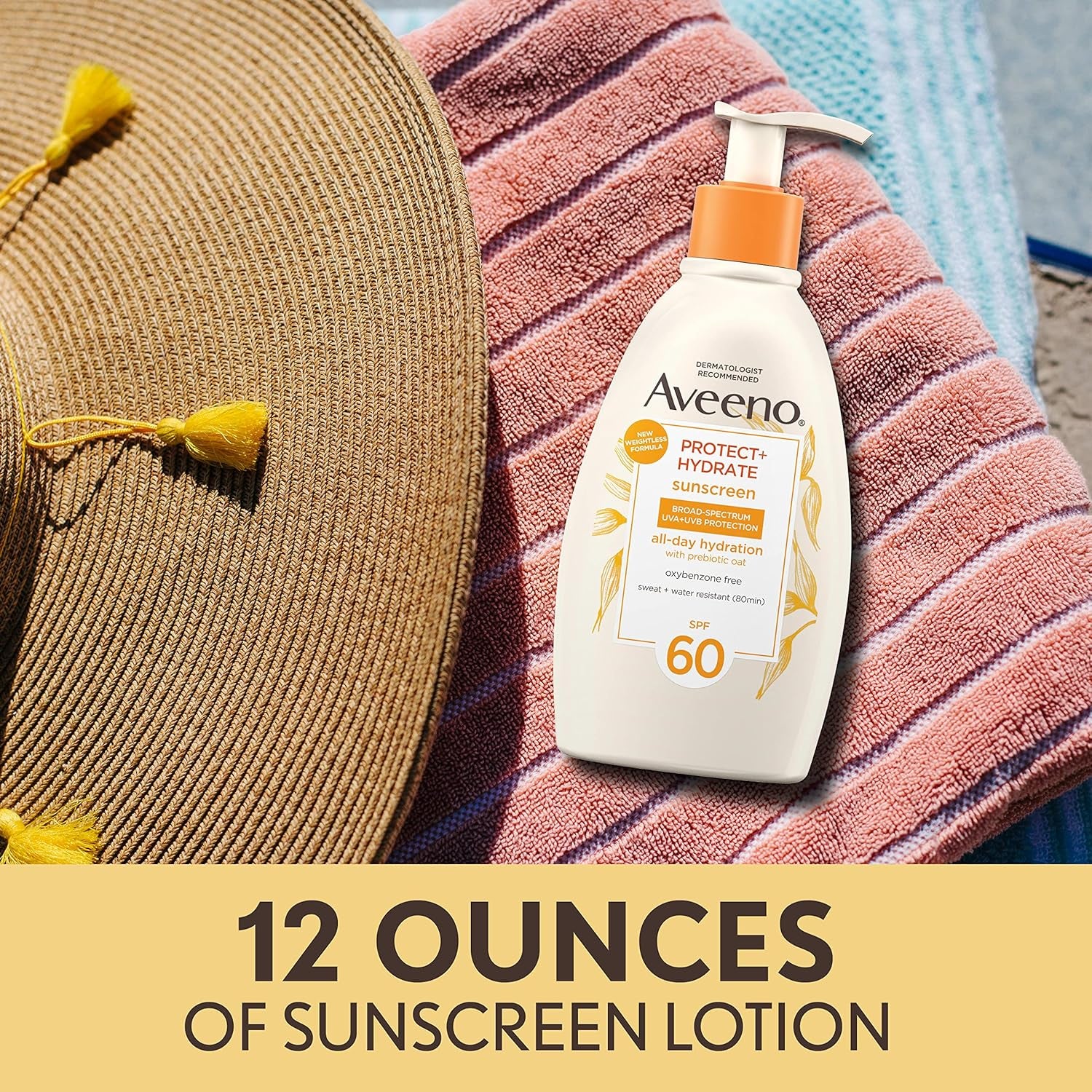 Protect + Hydrate Sunscreen Moisturizing Body Lotion with Broad Spectrum SPF 60 and Prebiotic Oat, Weightless, Paraben, Oxybenzone, and Oil Free Sunscreen, 12 FL OZ