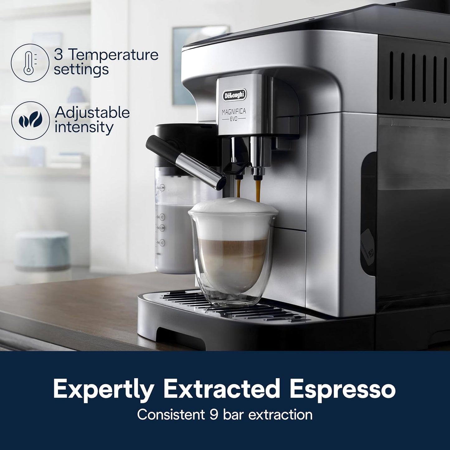 Magnifica Evo Automatic Espresso & Coffee Machine with Automatic Milk Frother for Latte, Cappuccino, Iced Coffee, Built-In Grinder, ECAM29084SB