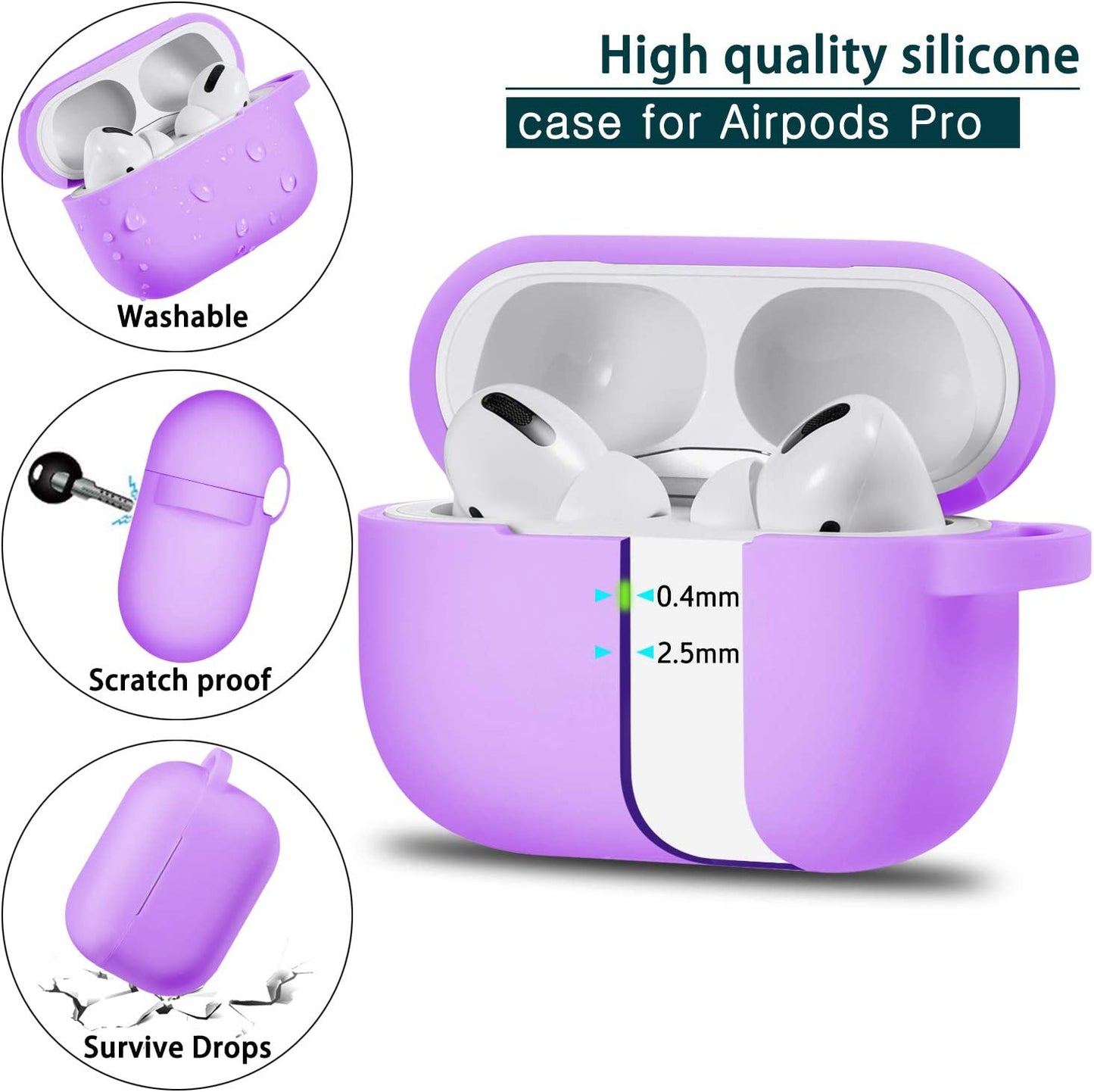 Compatible with Airpods Pro Case with Keychain,Full Protective Silicone Skin Accessories for Women Men Girl Compatible with Apple 2019 Latest Airpods Pro Case,Front LED Visible,Lavender