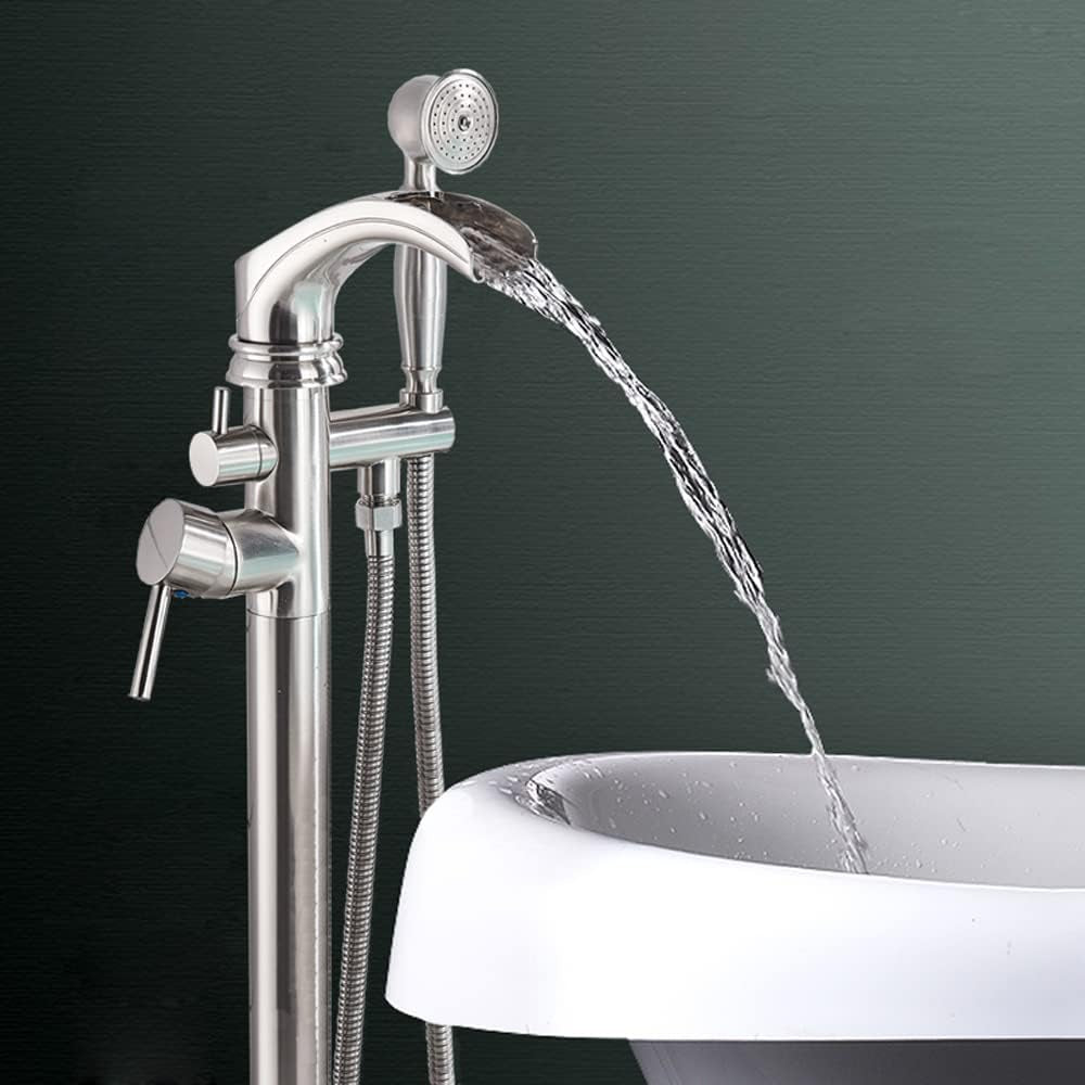 Freestanding Tub Filler Floor Mount Waterfall Bathtub Faucet Stinless Steel Tub Shower Faucet Set with Handheld Sprayer